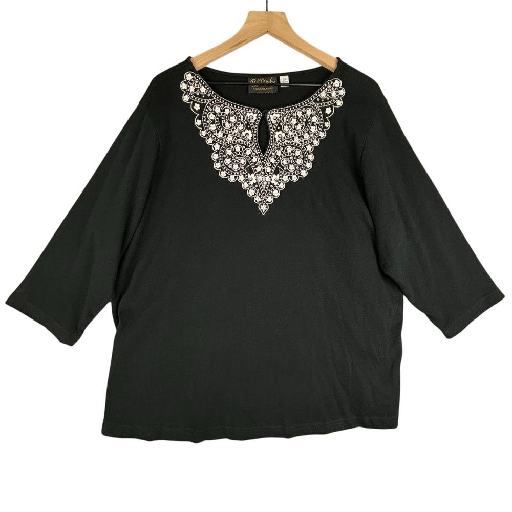 Bob Mackie Shirt Womems 2X Black Embroidered Beaded Keyhole Neck 3/4 Sleeves
